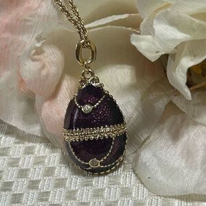 Faberge Style Egg Pendant Necklace Women's Purple Gold Chain Rhinestone Enamel